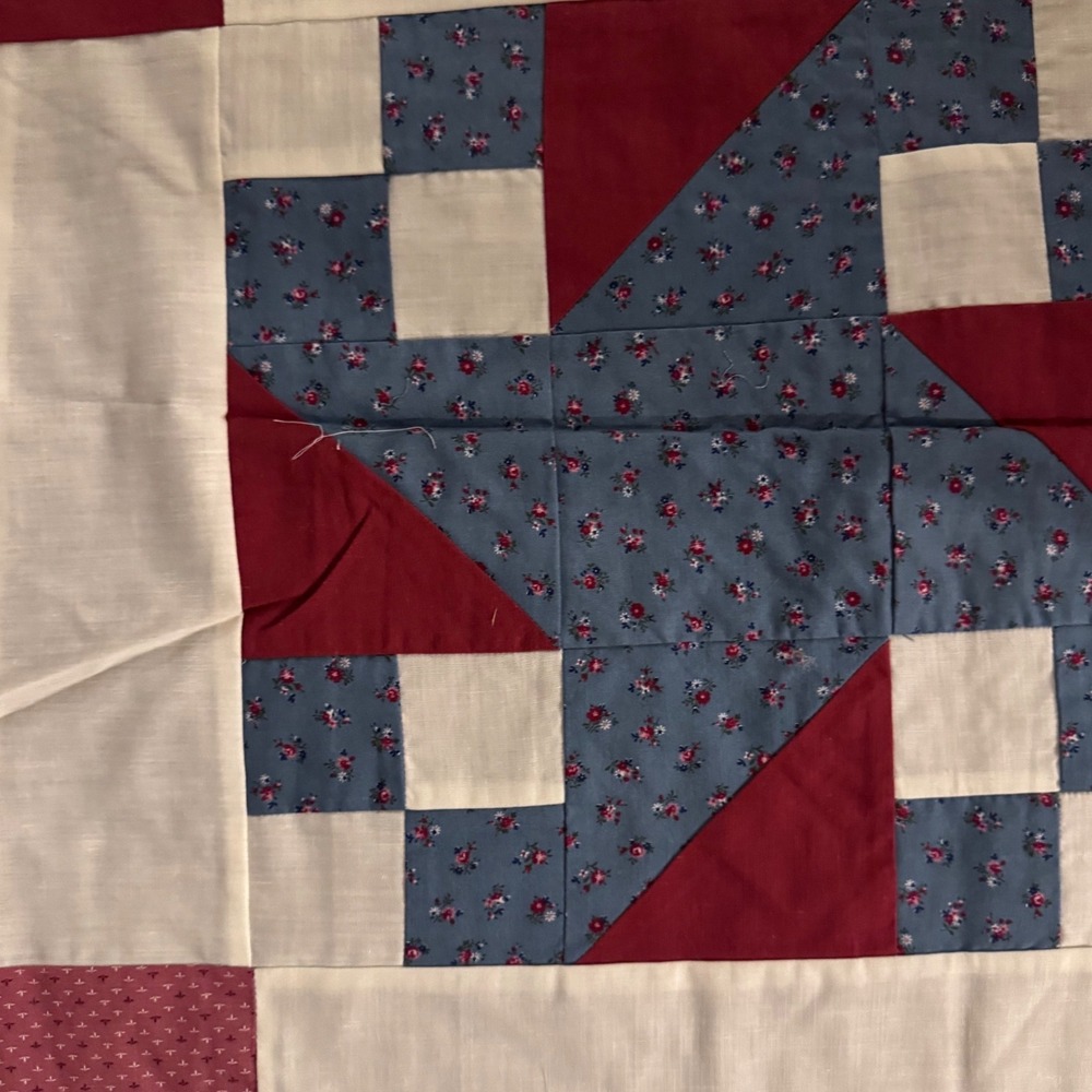 Handmade Quilt Top Panels 12 Vintage Patchwork Red White Blue Cotton - Picture 5 of 16